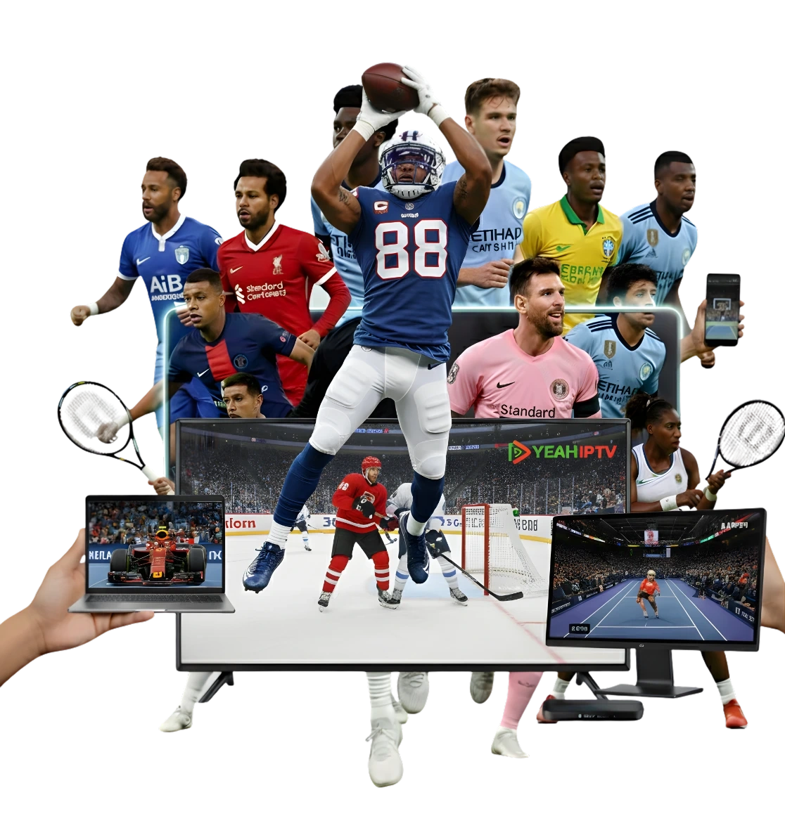 ERSATZTV premium IPTV service streaming on Smart TV, iPhone, and laptop with 4K quality
